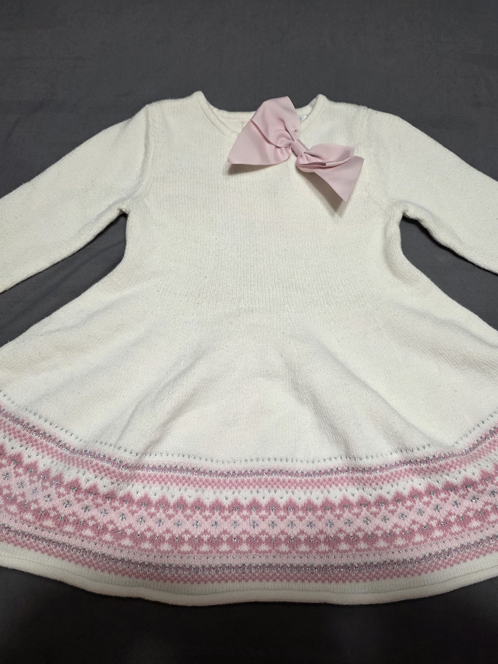 Gymboree Cream Knit Dress with Pink Bow and Hem Detail